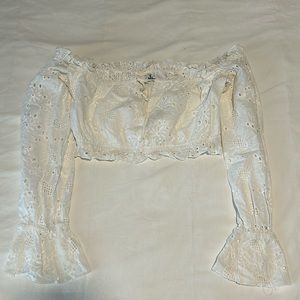 Tiger Mist white off-shoulder crop top